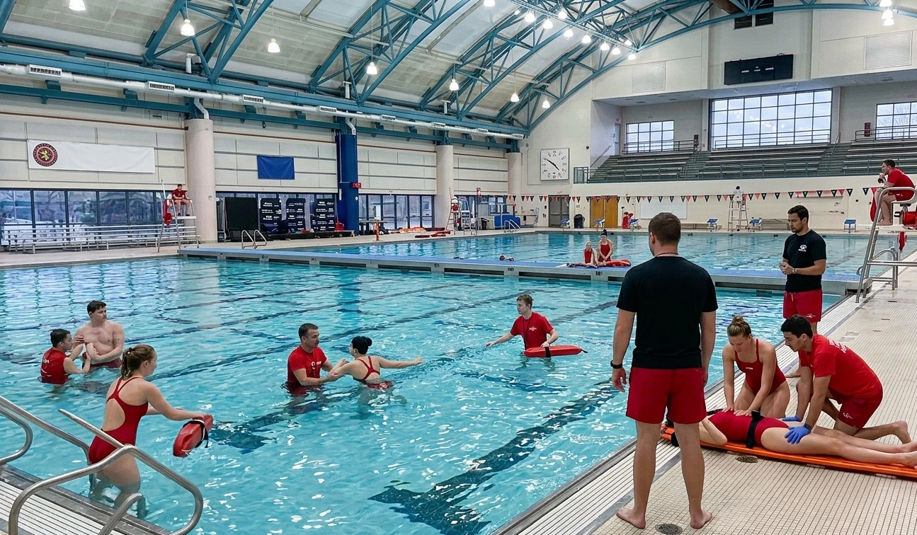 Waterpark Lifeguard Staffing in New York Certified guard watching a slide run-out zone, waterpark lifeguard staffing in New York