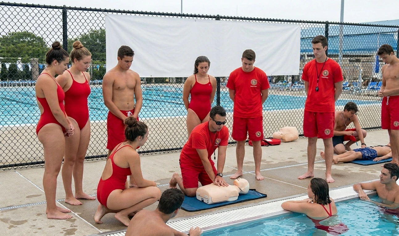 Lifeguard Certification in Upstate New York Instructor leading a lifeguard certification class in CPR compressions beside a pool