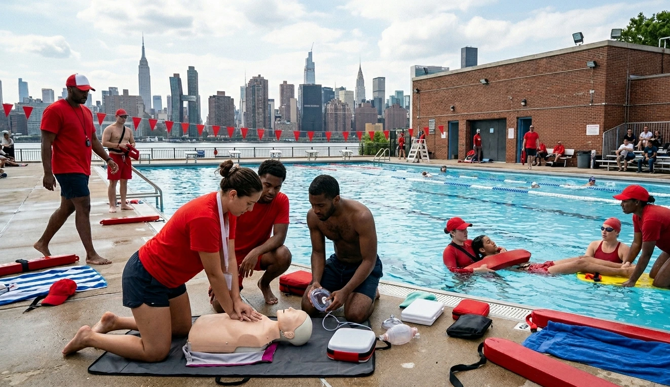 Resort Lifeguard Staffing in New York Uniformed guard on duty at a hotel pool deck, resort lifeguard staffing in New York