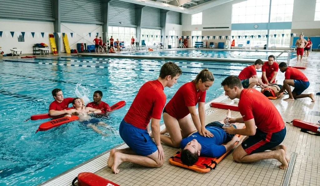 Lifeguard Classes in Nassau County practicing water rescue and CPR skills in a swimming pool.