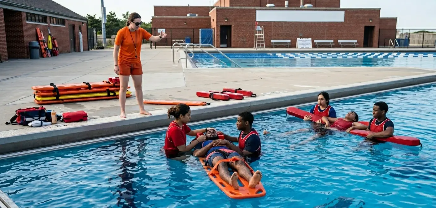 How to Certify Your Pool Staff Without Closing the Pool Certify your pool staff on site: a lifeguard class practicing a backboard rescue in a facility pool